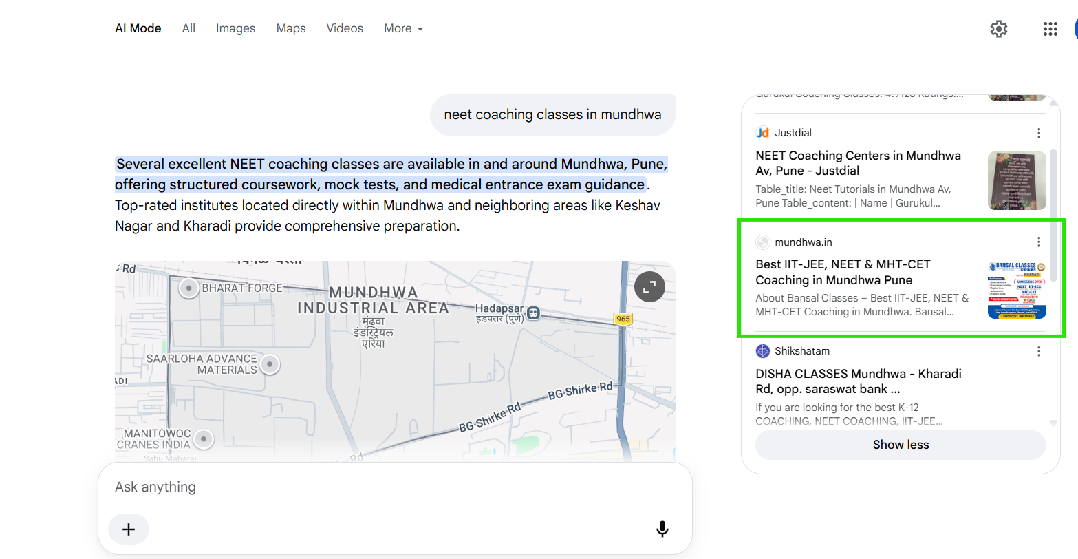 Mundhwa.in listing referenced in Google AI Mode for NEET coaching classes in Mundhwa